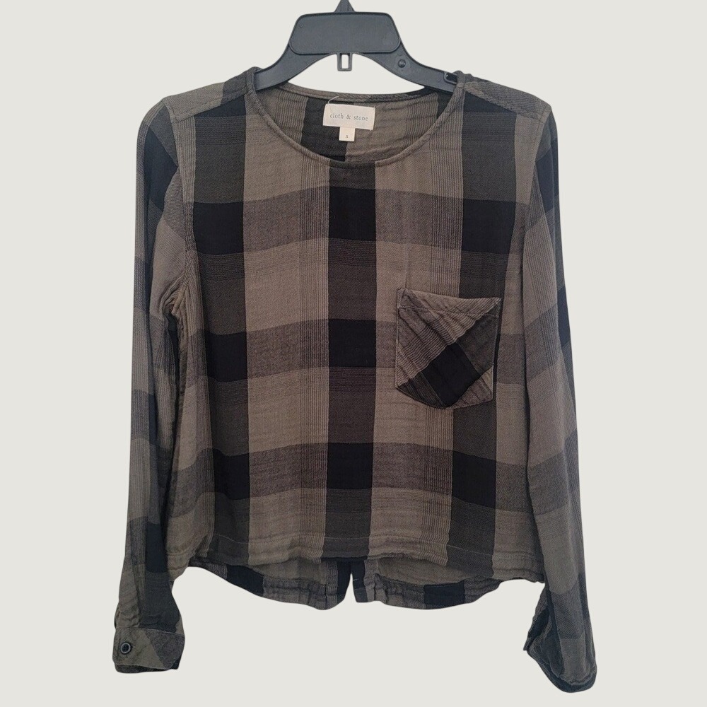 Cloth & Stone Womens Buffalo Plaid Lace Up Back Top Olive Black Small Academia